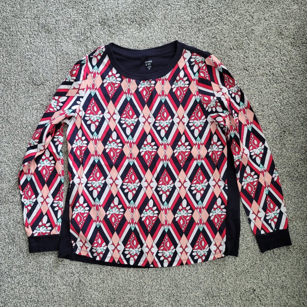 Crown & Ivy Women's Mixed Media Blue LS Blouse Medium